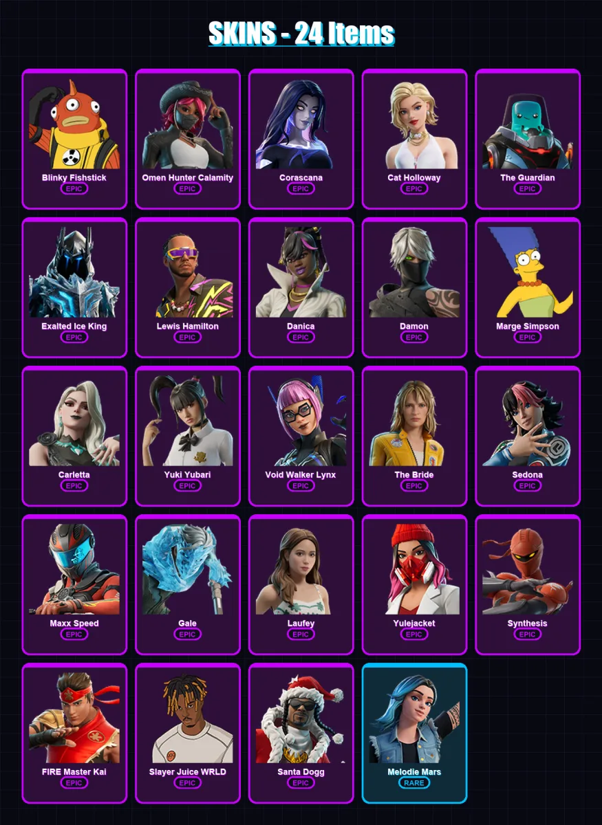 [PC/PSN] | Blinky Fishstick | Omen Hunter Calamity | Corascana | Cat Holloway | The Guardian | 24 skin | 33 pickaxe | 10 emote | 14 glider | Lv103