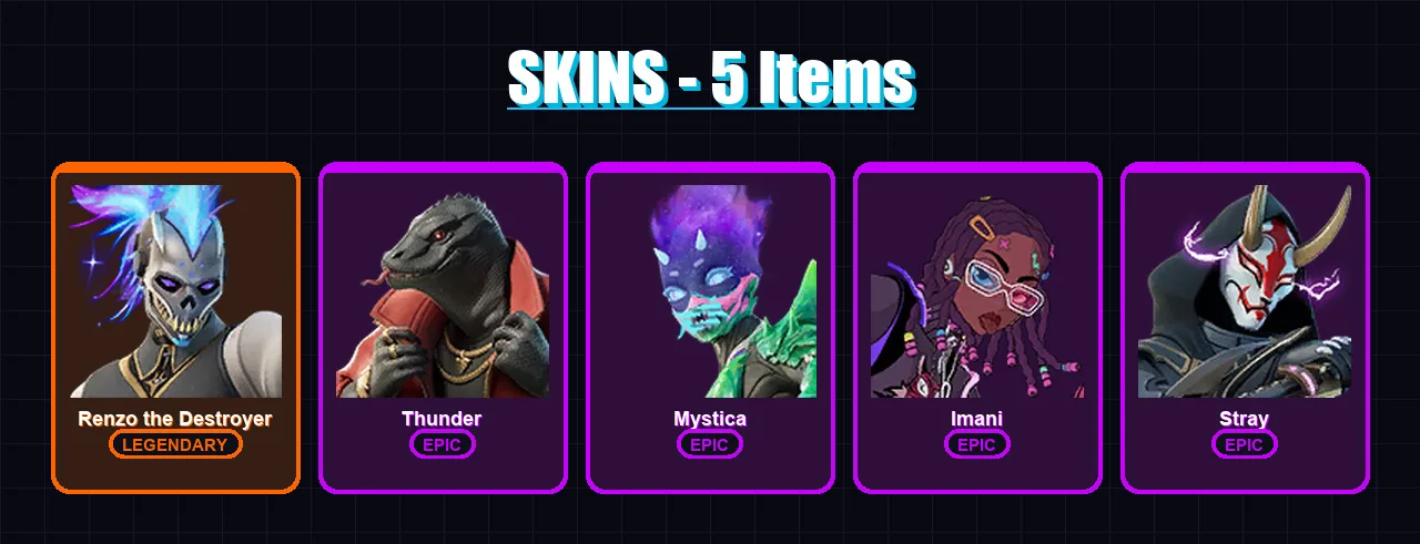 [PS4/PS5/XBOX/PC] | Renzo the Destroyer | Thunder | Mystica | Imani | Stray | 5 skin | 7 pickaxe | 7 emote | 10 glider | Lv93