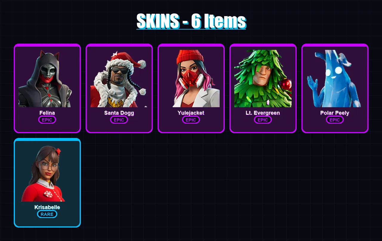 [PC/PSN] | Felina | Santa Dogg | Yulejacket | Lt. Evergreen | Polar Peely | 6 skin | 33 pickaxe | 17 emote | 25 glider | Lv288