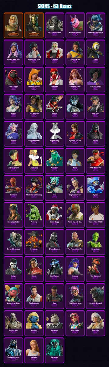 [PS4/PS5/PC] | Zeus | Hades | T-60 Power Armor | Andy Fangerson | Shadow Blade Hope | 63 skin | 93 pickaxe | 68 emote | 61 glider | Lv558 — Fortnite account