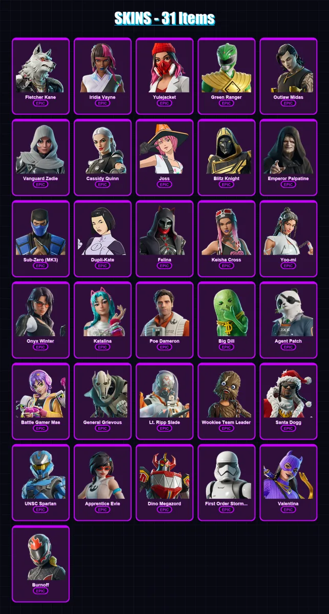 [PS4/PS5/XBOX/PC] | Fletcher Kane | Iridia Vayne | Yulejacket | Green Ranger | Outlaw Midas | 31 skin | 89 pickaxe | 50 emote | 55 glider | Lv1520