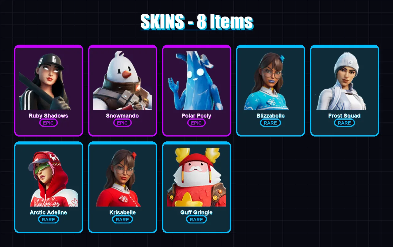 [PC/XBOX/PSN] | Ruby Shadows | Snowmando | Polar Peely | Blizzabelle | Frost Squad | 8 skin | 21 pickaxe | 23 emote | 18 glider | Lv318