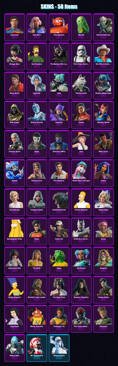 [PC/PSN] | Superman | Ayla Winn | Hero Baymax | Big Dill | General Grievous | 58 skin | 97 pickaxe | 68 emote | 65 glider | Lv1471 — Fortnite account