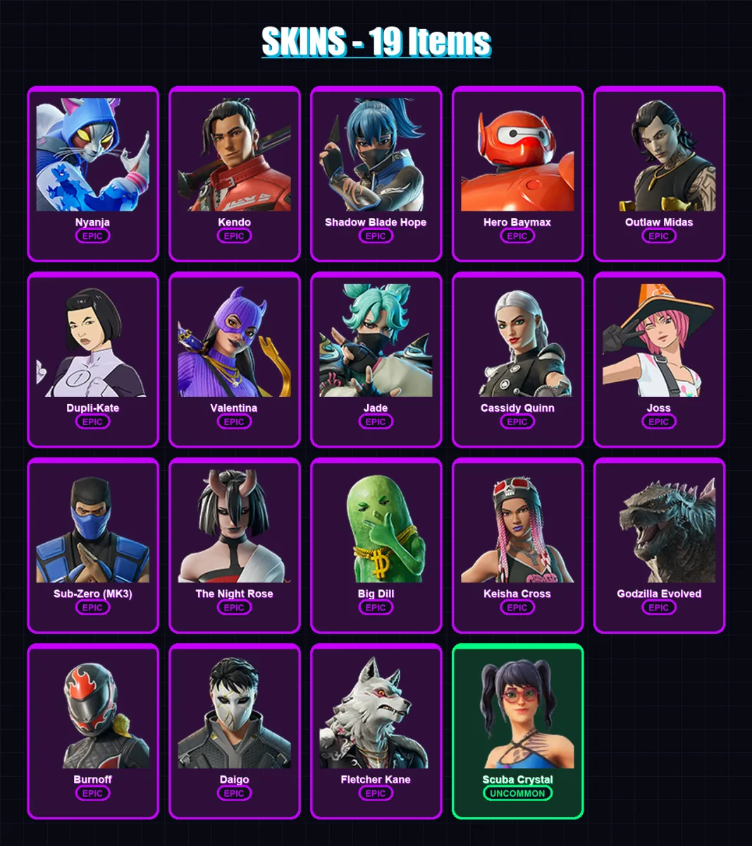 [PC/XBOX/PSN] | Nyanja | Kendo | Shadow Blade Hope | Hero Baymax | Outlaw Midas | 19 skin | 37 pickaxe | 25 emote | 24 glider | Lv401