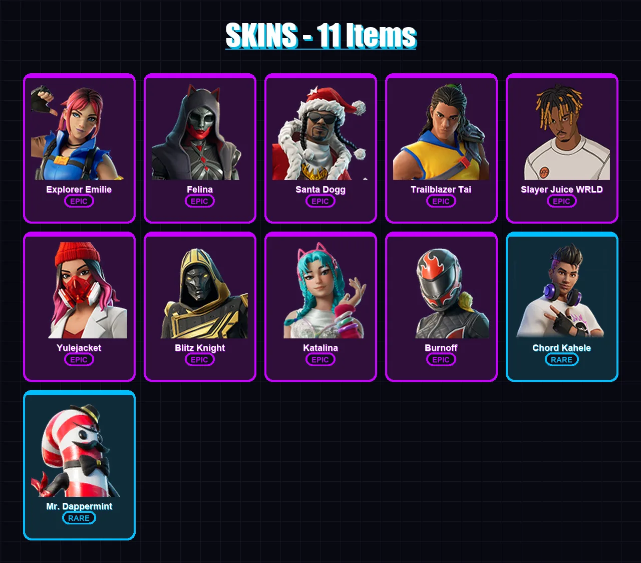 [PS4/PS5/XBOX/PC] | Explorer Emilie | Felina | Santa Dogg | Trailblazer Tai | Slayer Juice WRLD | 11 skin | 38 pickaxe | 13 emote | 21 glider | Lv31 — Fortnite account