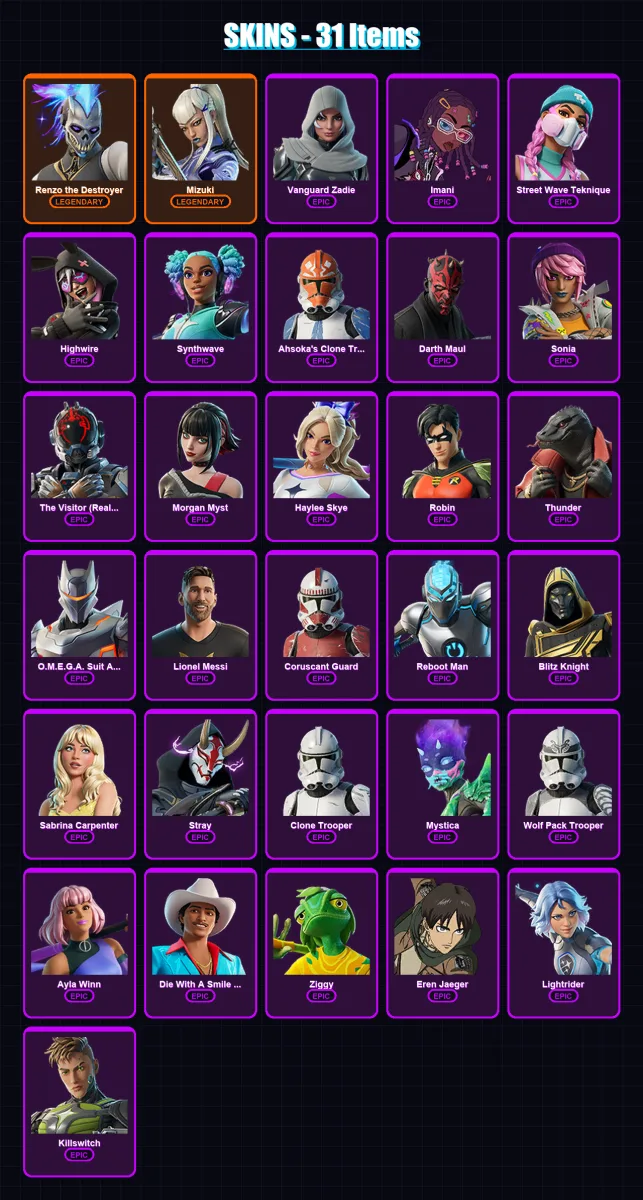 [PC/XBOX/PSN] | Renzo the Destroyer | Mizuki | Vanguard Zadie | Imani | Street Wave Teknique | 31 skin | 70 pickaxe | 44 emote | 48 glider | Lv645