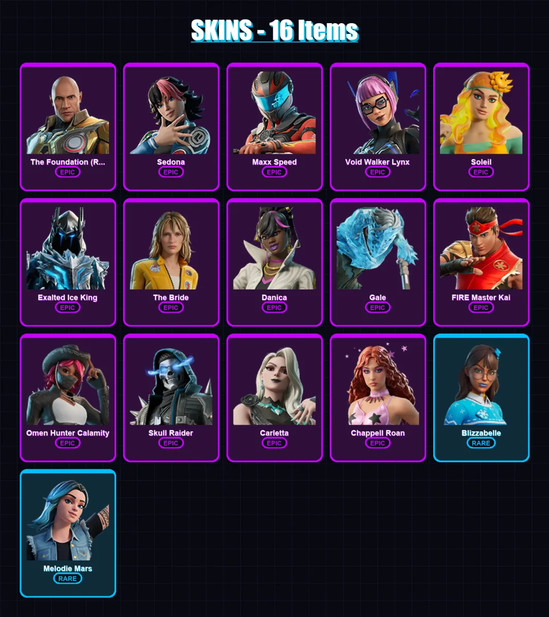 [PC/PSN] | The Foundation (Reforged) | Sedona | Maxx Speed | Void Walker Lynx | Soleil | 16 skin | 9 pickaxe | 2 emote | 3 glider | Lv28