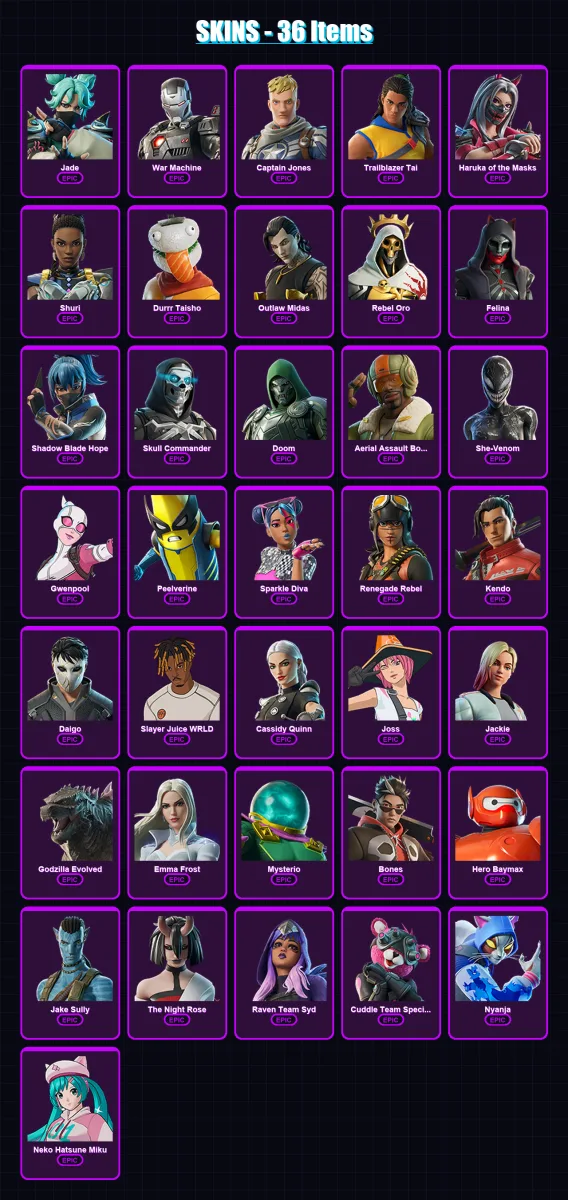 [PC/PSN] | Jade | War Machine | Captain Jones | Trailblazer Tai | Haruka of the Masks | 36 skin | 66 pickaxe | 51 emote | 55 glider | Lv740 — Fortnite account
