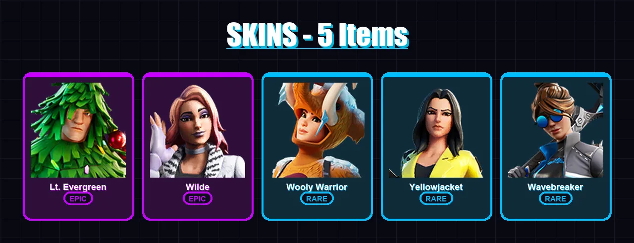 [PC/PSN] | Lt. Evergreen | Wilde | Wooly Warrior | Yellowjacket | Wavebreaker | 5 skin | 14 pickaxe | 13 emote | 17 glider | Lv258