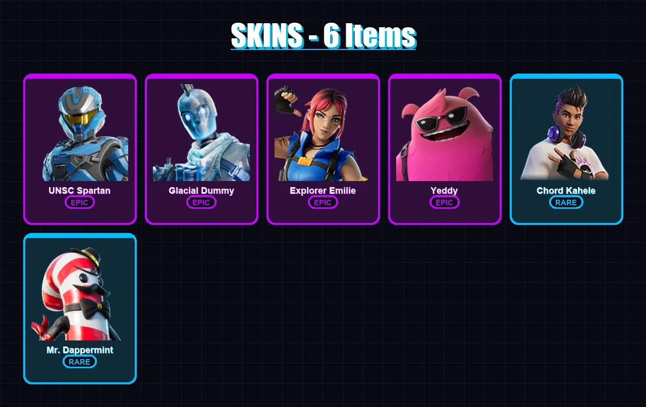 [PC/XBOX/PSN] | UNSC Spartan | Glacial Dummy | Explorer Emilie | Yeddy | Chord Kahele | 6 skin | 46 pickaxe | 18 emote | 36 glider | Lv575