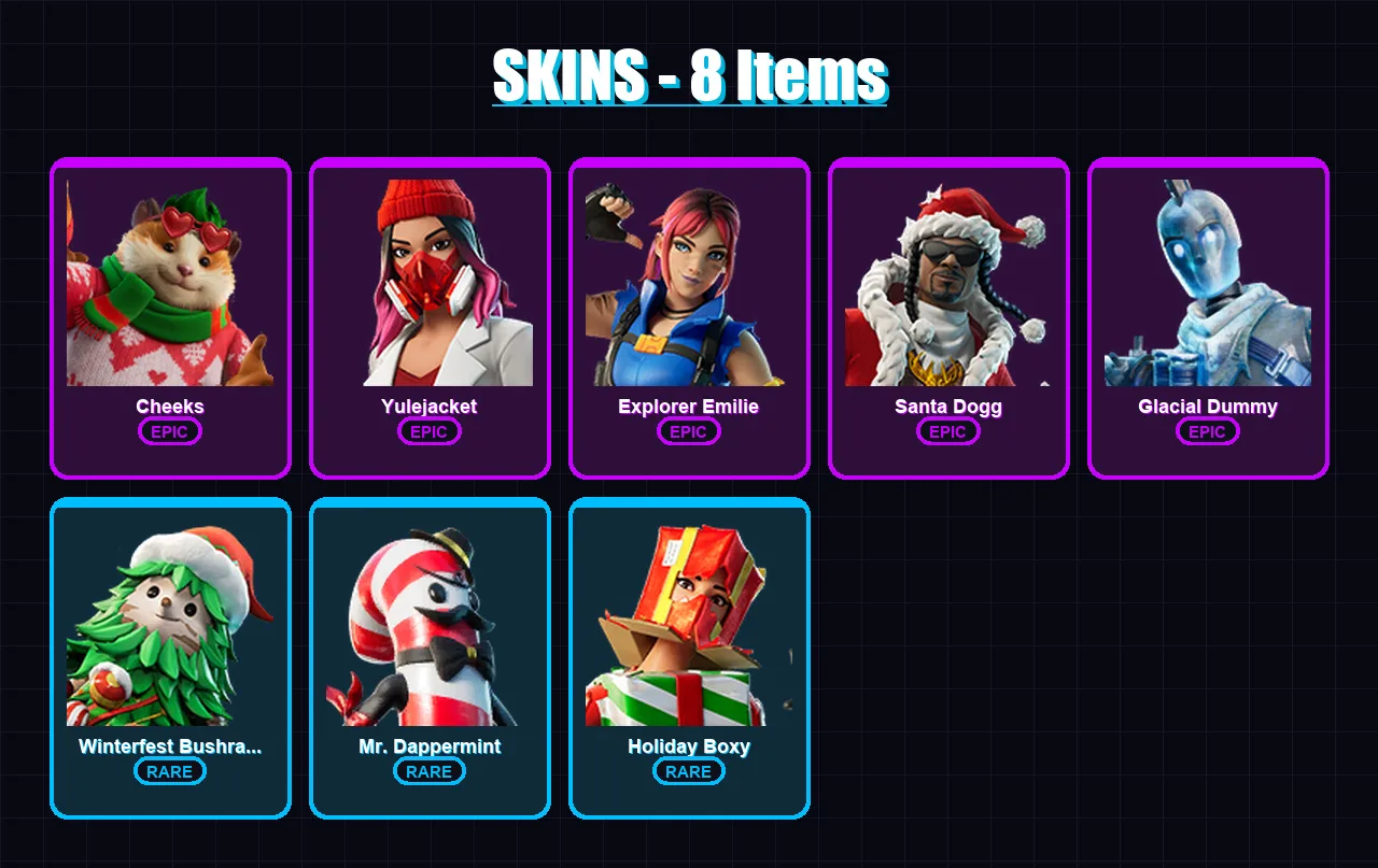 [PC/XBOX/PSN] | Cheeks | Yulejacket | Explorer Emilie | Santa Dogg | Glacial Dummy | 8 skin | 32 pickaxe | 15 emote | 24 glider | Lv379