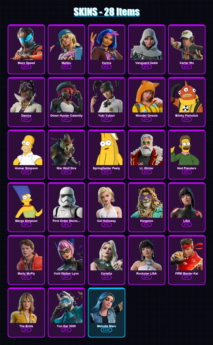 [PC/XBOX/PSN] | Maxx Speed | Malibu | Carina | Vanguard Zadie | Carter Wu | 28 skin | 45 pickaxe | 30 emote | 25 glider | Lv208 — Fortnite account