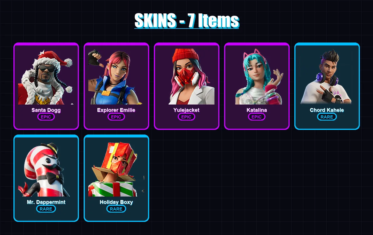 [PS4/PS5/XBOX/PC] | Santa Dogg | Explorer Emilie | Yulejacket | Katalina | Chord Kahele | 7 skin | 20 pickaxe | 6 emote | 16 glider | Lv164