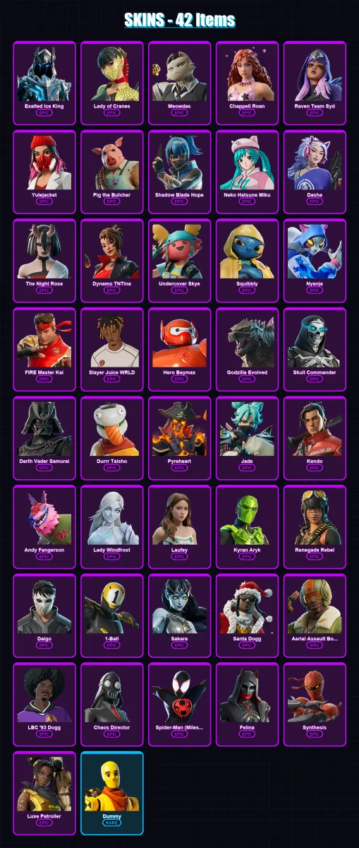 [PC/PSN] | Exalted Ice King | Lady of Cranes | Meowdas | Chappell Roan | Raven Team Syd | 42 skin | 82 pickaxe | 54 emote | 54 glider | Lv714