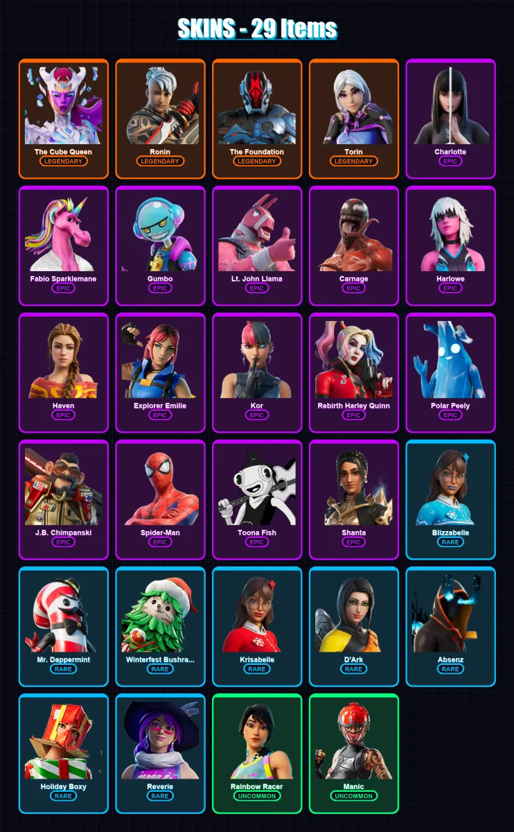 [PC/PSN] | The Cube Queen | Ronin | The Foundation | Torin | Charlotte | 29 skin | 34 pickaxe | 30 emote | 24 glider | Lv447