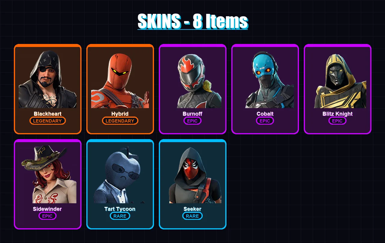 [PC/XBOX/PSN] | Blackheart | Hybrid | Burnoff | Cobalt | Blitz Knight | 8 skin | 19 pickaxe | 25 emote | 20 glider | Lv505
