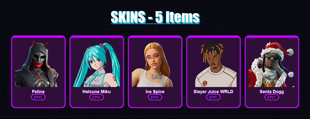 [PC/XBOX/PSN] | Felina | Hatsune Miku | Ice Spice | Slayer Juice WRLD | Santa Dogg | 5 skin | 13 pickaxe | 6 emote | 9 glider | Lv119