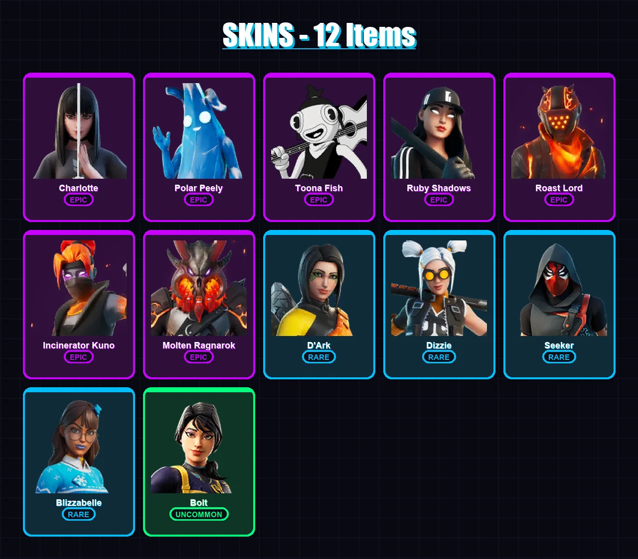 [PC/XBOX/PSN] | Charlotte | Polar Peely | Toona Fish | Ruby Shadows | Roast Lord | 12 skin | 24 pickaxe | 22 emote | 18 glider | Lv298