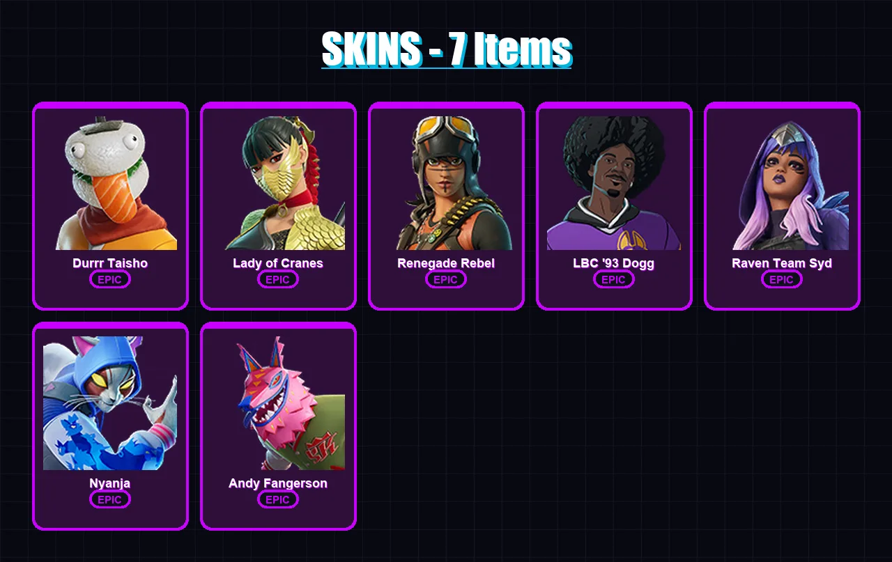 [PC/XBOX/PSN] | Durrr Taisho | Lady of Cranes | Renegade Rebel | LBC '93 Dogg | Raven Team Syd | 7 skin | 26 pickaxe | 13 emote | 14 glider | Lv176