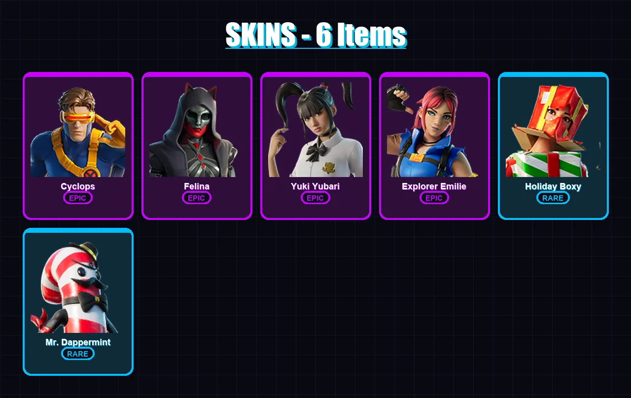 [PC/XBOX/PSN] | Cyclops | Felina | Yuki Yubari | Explorer Emilie | Holiday Boxy | 6 skin | 23 pickaxe | 15 emote | 15 glider | Lv230