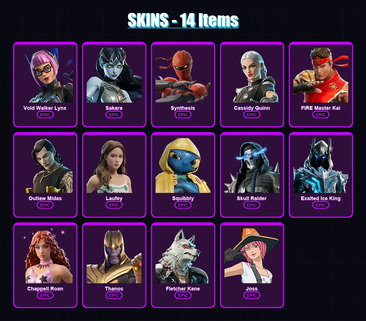 [PC/XBOX/PSN] | Void Walker Lynx | Sakara | Synthesis | Cassidy Quinn | FIRE Master Kai | 14 skin | 24 pickaxe | 12 emote | 18 glider | Lv138
