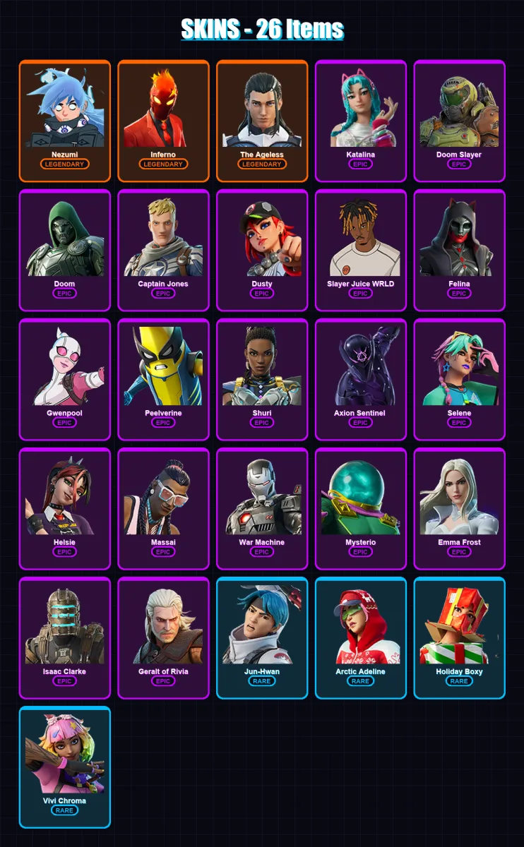[PS4/PS5/XBOX/PC] | Nezumi | Inferno | The Ageless | Katalina | Doom Slayer | 26 skin | 64 pickaxe | 30 emote | 41 glider | Lv597