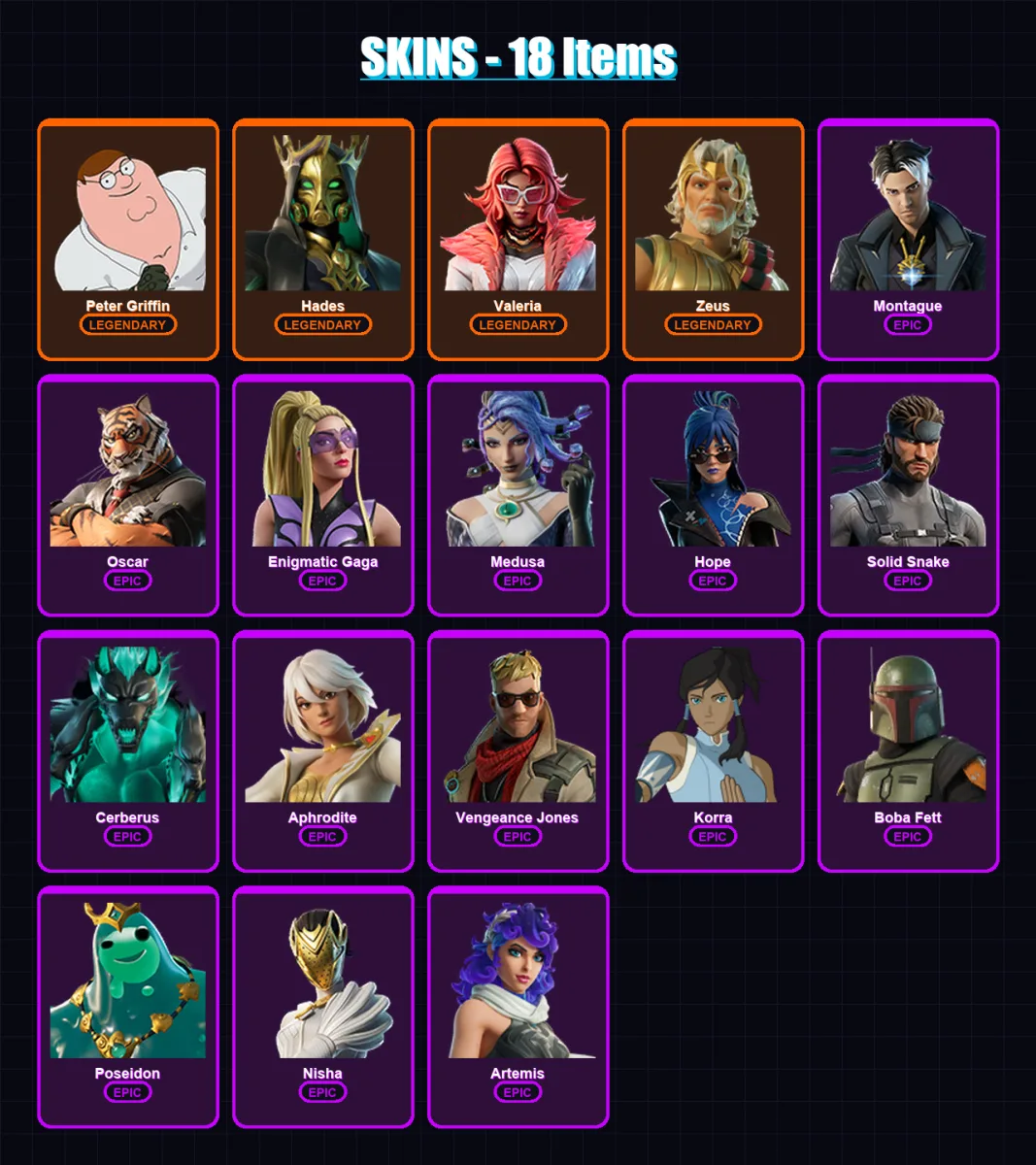 [SWITCH/XBOX/PSN/PC] | Peter Griffin | Hades | Valeria | Zeus | Montague | 18 skin | 34 pickaxe | 37 emote | 29 glider | Lv479