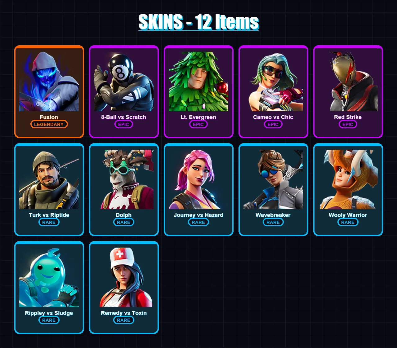 [PS4/PS5/XBOX/PC] | Fusion | 8-Ball vs Scratch | Lt. Evergreen | Cameo vs Chic | Red Strike | 12 skin | 13 pickaxe | 16 emote | 12 glider | Lv223
