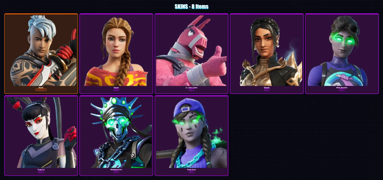 [PC/PSN] | Ronin | Haven | Lt. John Llama | Shanta | Minty Bomber | 8 skin | 9 pickaxe | 7 emote | 7 glider | Lv64