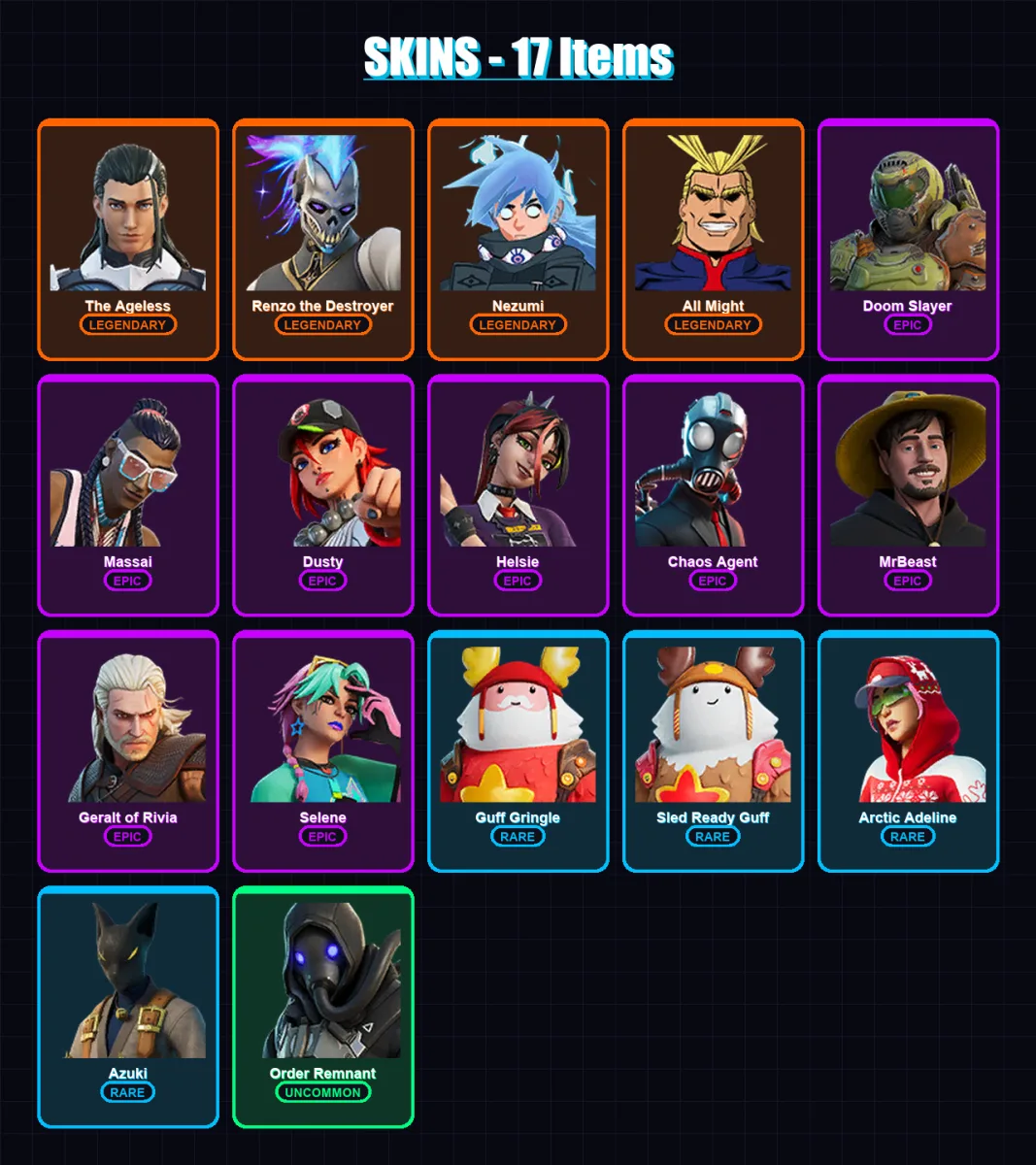 [PC/XBOX/PSN] | The Ageless | Renzo the Destroyer | Nezumi | All Might | Doom Slayer | 17 skin | 22 pickaxe | 20 emote | 20 glider | Lv222