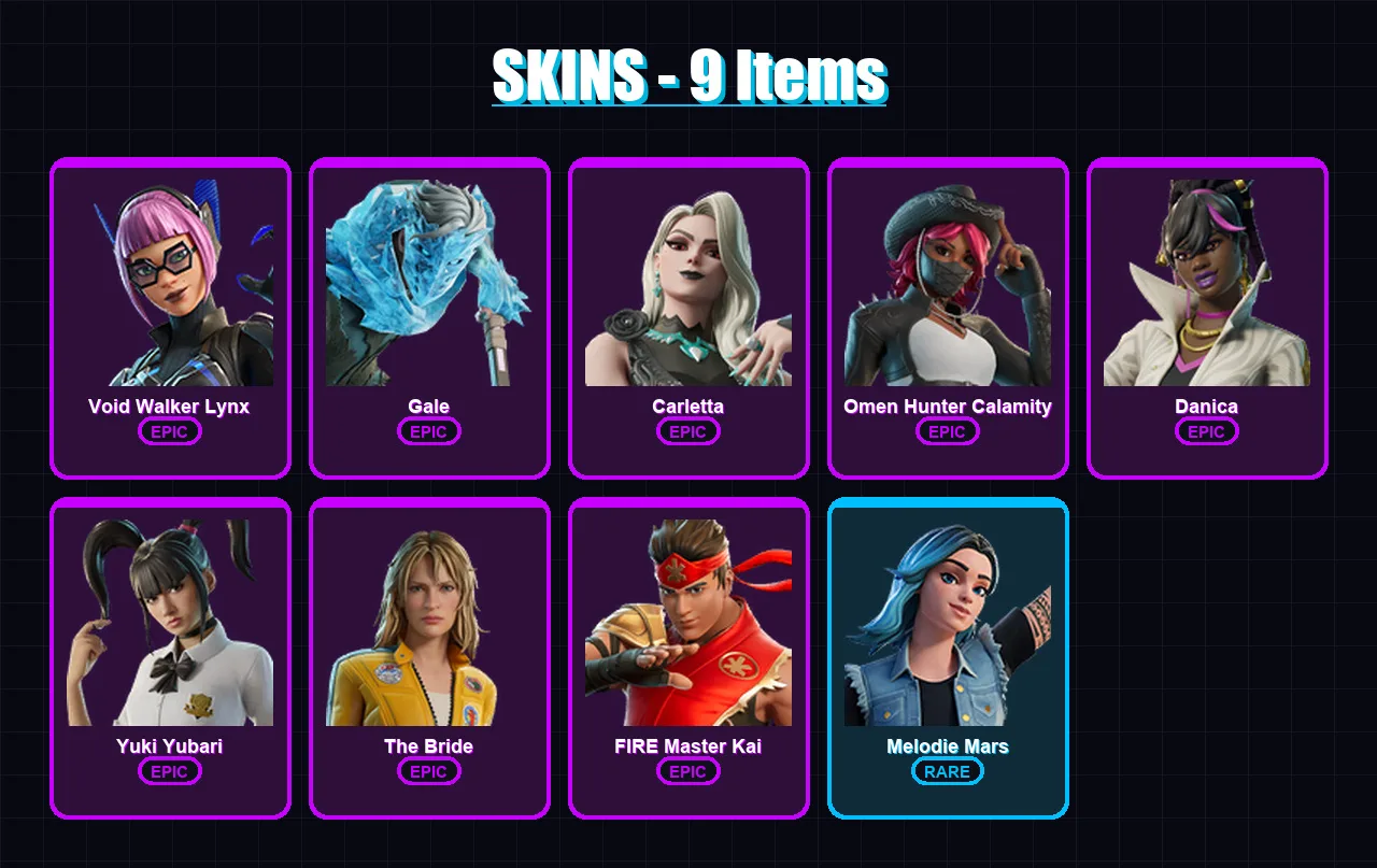 [PC/XBOX/PSN] | Void Walker Lynx | Gale | Carletta | Omen Hunter Calamity | Danica | 9 skin | 29 pickaxe | 11 emote | 19 glider | Lv172