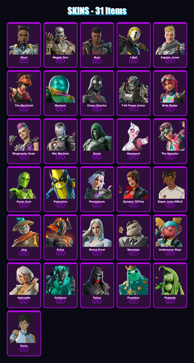 [PC/XBOX/PSN] | Shuri | Megalo Don | Rust | 1-Ball | Captain Jones | 31 skin | 43 pickaxe | 32 emote | 32 glider | Lv325