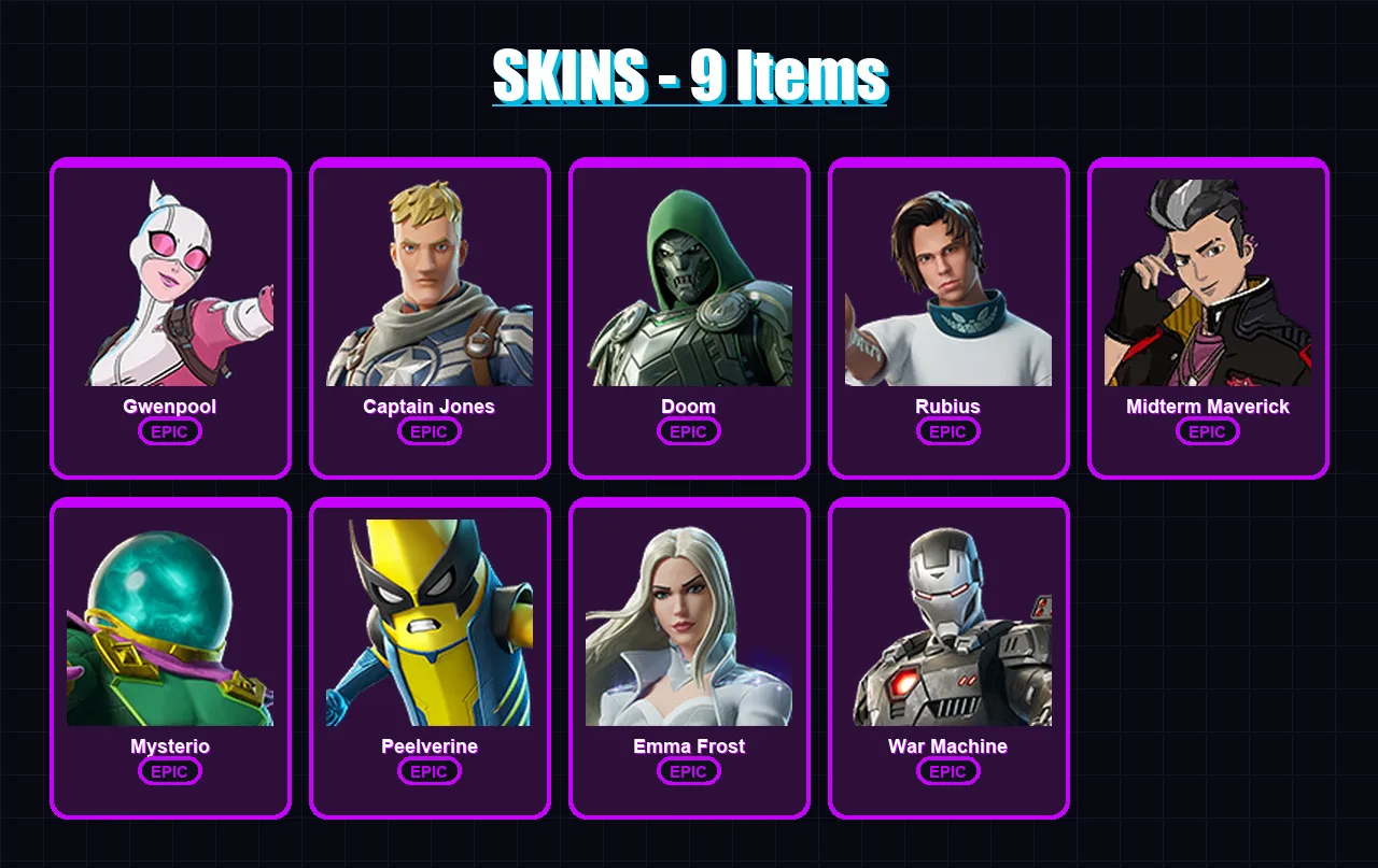 [PC/XBOX/PSN] | Gwenpool | Captain Jones | Doom | Rubius | Midterm Maverick | 9 skin | 14 pickaxe | 20 emote | 16 glider | Lv123