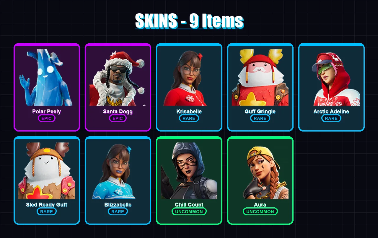 [PC/XBOX/PSN] | Polar Peely | Santa Dogg | Krisabelle | Guff Gringle | Arctic Adeline | 9 skin | 26 pickaxe | 29 emote | 32 glider | Lv1128