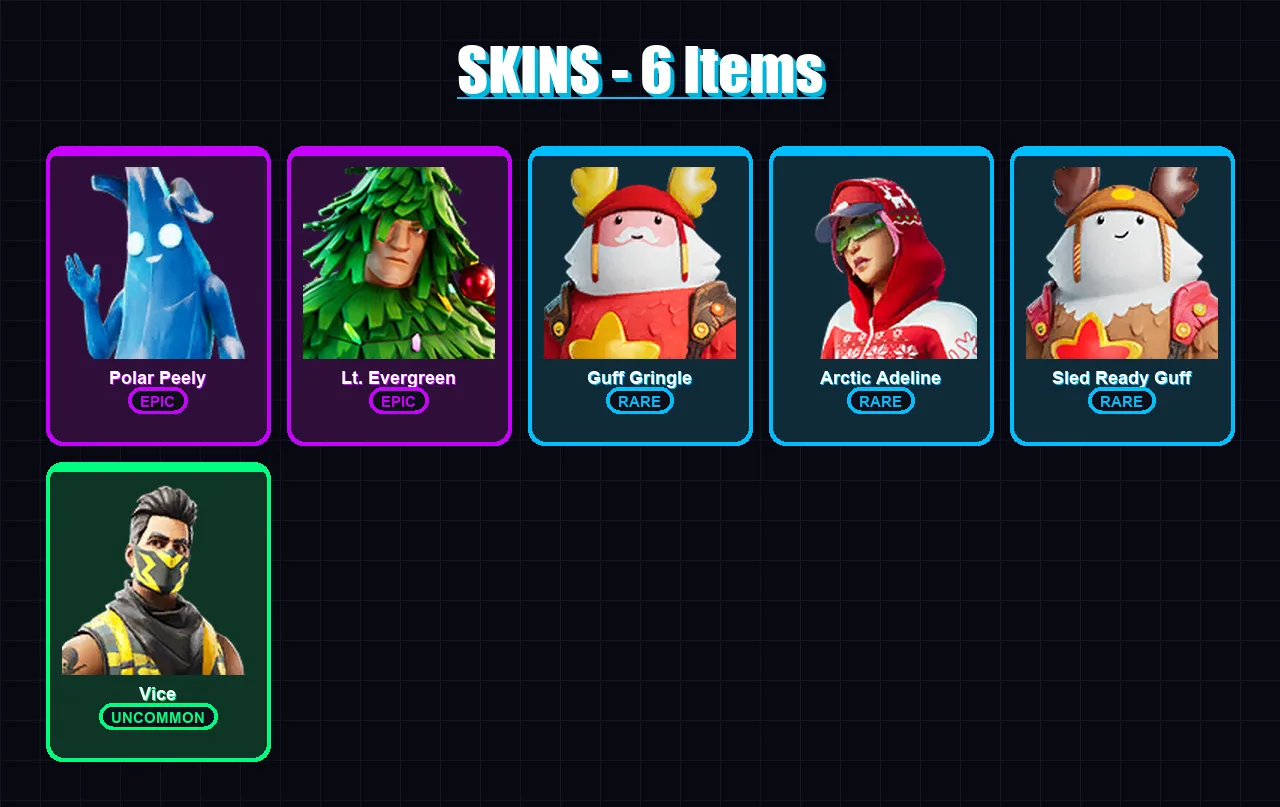 [PC/XBOX/PSN] | Polar Peely | Lt. Evergreen | Guff Gringle | Arctic Adeline | Sled Ready Guff | 6 skin | 10 pickaxe | 13 emote | 13 glider | Lv120