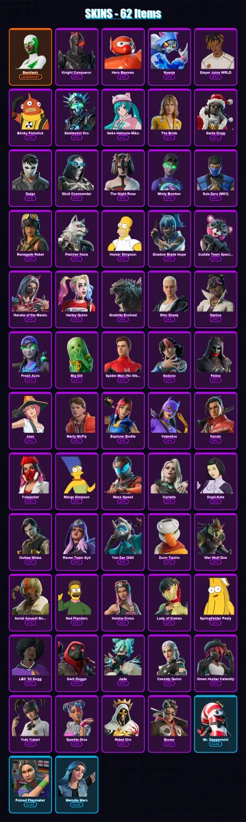 [PS4/PS5/PC] | Backlash | Knight Conqueror | Hero Baymax | Nyanja | Slayer Juice WRLD | 62 skin | 88 pickaxe | 59 emote | 51 glider | Lv634
