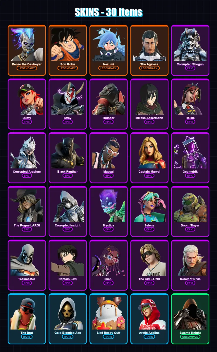 [PC/XBOX/PSN] | Renzo the Destroyer | Son Goku | Nezumi | The Ageless | Corrupted Shogun | 30 skin | 27 pickaxe | 21 emote | 24 glider | Lv209