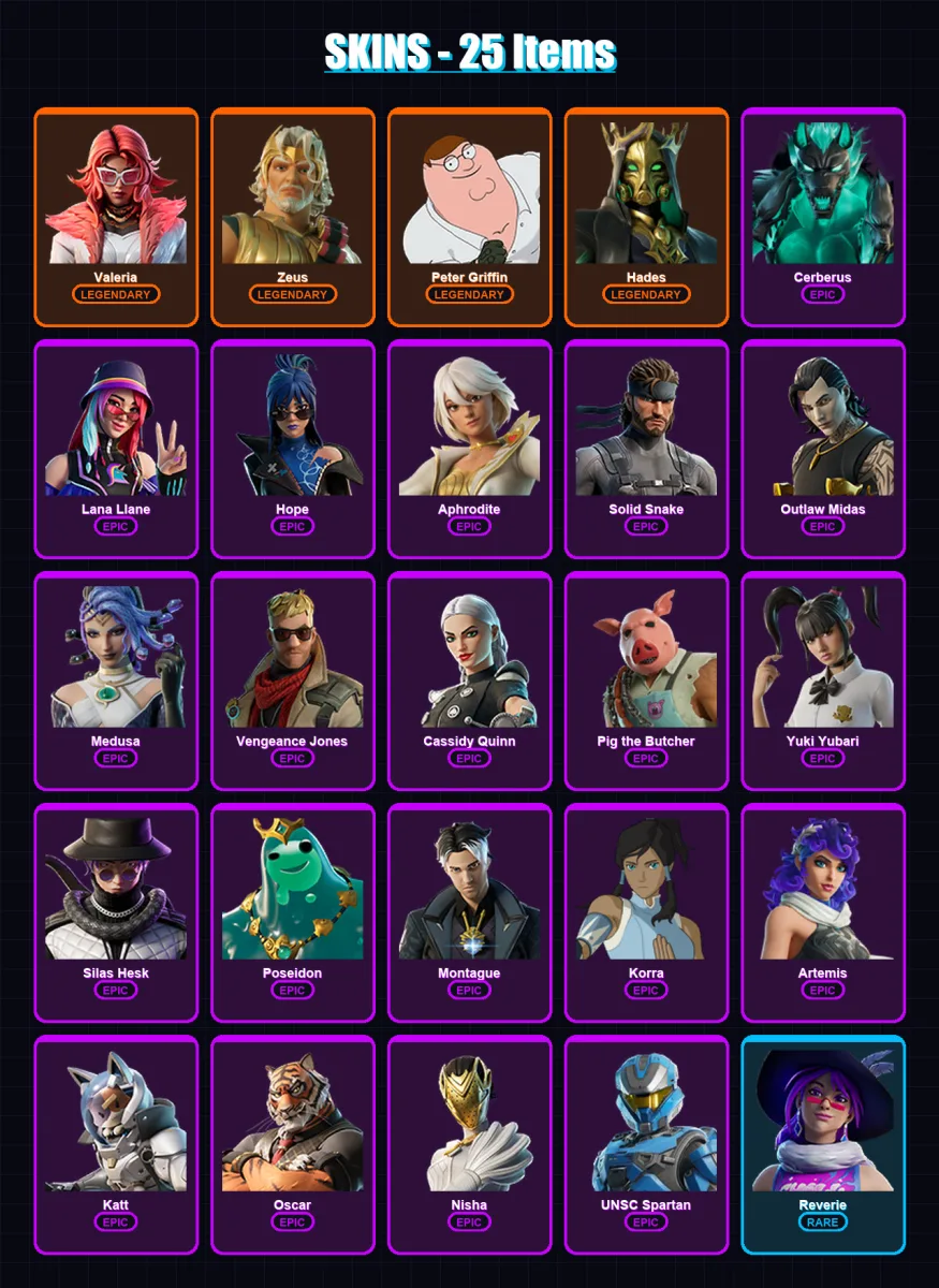 [PS4/PS5/XBOX/PC] | Valeria | Zeus | Peter Griffin | Hades | Cerberus | 25 skin | 69 pickaxe | 50 emote | 43 glider | Lv852