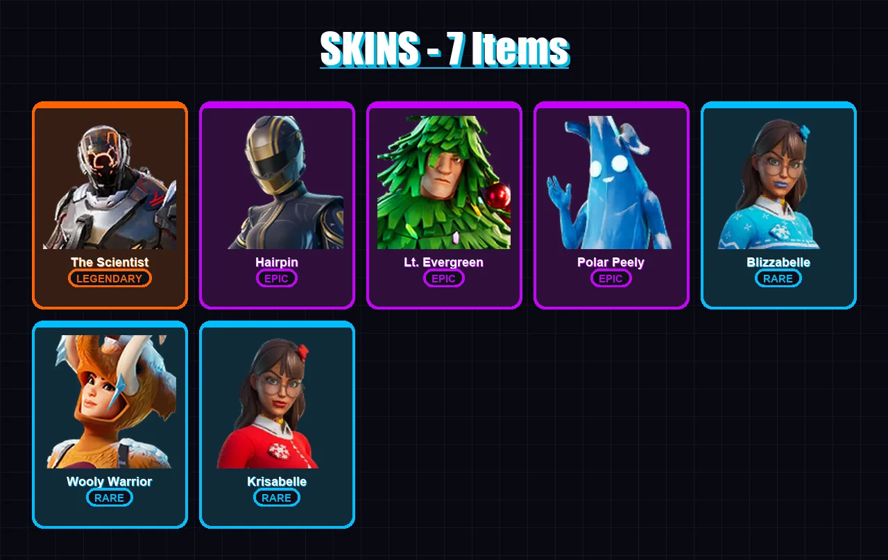 [PC/XBOX] | The Scientist | Hairpin | Lt. Evergreen | Polar Peely | Blizzabelle | 7 skin | 10 pickaxe | 13 emote | 10 glider | Lv147