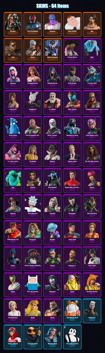 [PC/PSN] | Shogun | The Foundation | Kymera | Peter Griffin | Raz | 64 skin | 67 pickaxe | 57 emote | 54 glider | Lv662