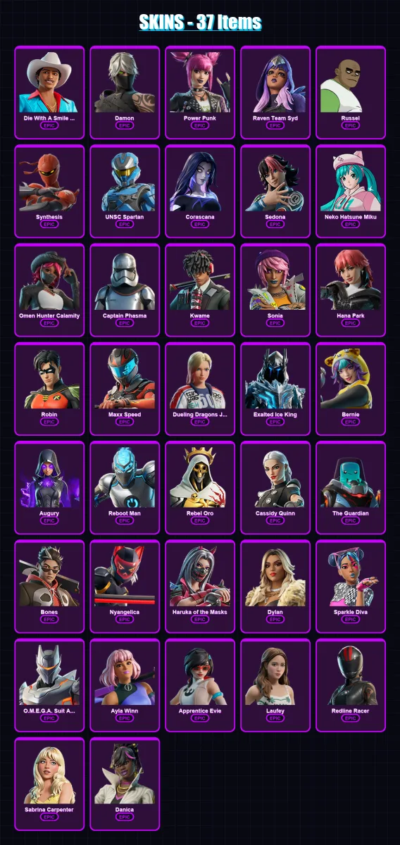 [PC/XBOX/PSN] | Die With A Smile Bruno | Damon | Power Punk | Raven Team Syd | Russel | 37 skin | 16 pickaxe | 3 emote | 4 glider | Lv28