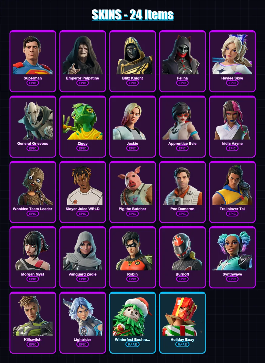 [PC/XBOX/PSN] | Superman | Emperor Palpatine | Blitz Knight | Felina | Haylee Skye | 24 skin | 64 pickaxe | 33 emote | 48 glider | Lv697