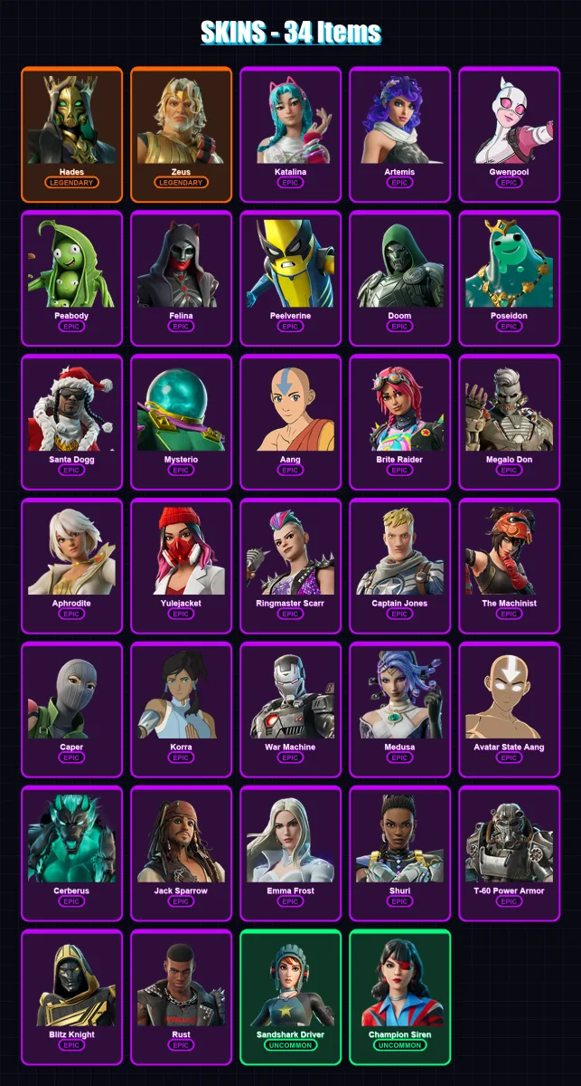 [PC/XBOX/PSN] | Hades | Zeus | Katalina | Artemis | Gwenpool | 34 skin | 72 pickaxe | 42 emote | 49 glider | Lv953