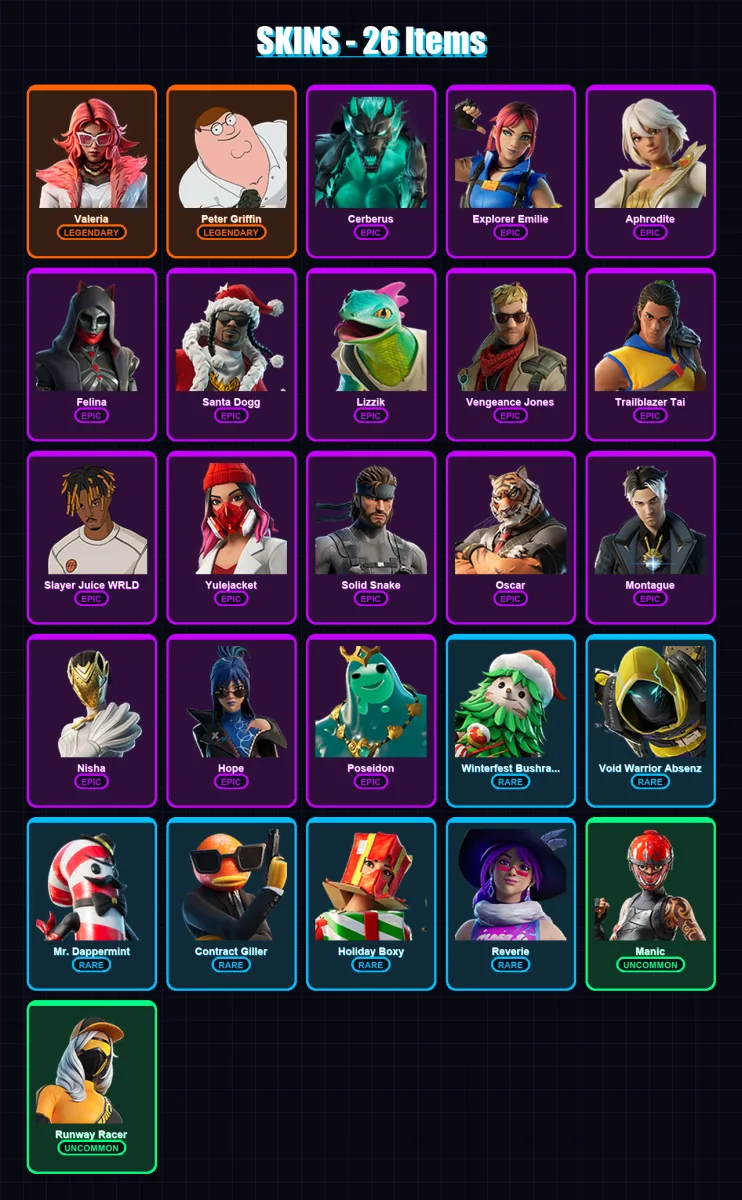 [PC/XBOX/PSN] | Valeria | Peter Griffin | Cerberus | Explorer Emilie | Aphrodite | 26 skin | 62 pickaxe | 35 emote | 53 glider | Lv811