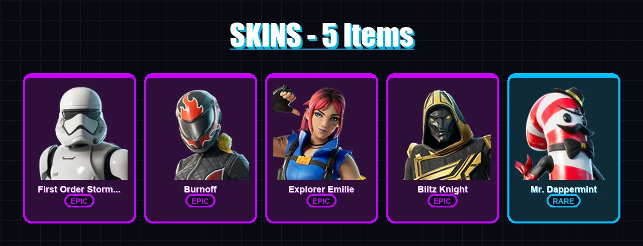 [PC/PSN] | First Order Stormtrooper | Burnoff | Explorer Emilie | Blitz Knight | Mr. Dappermint | 5 skin | 15 pickaxe | 6 emote | 11 glider | Lv143