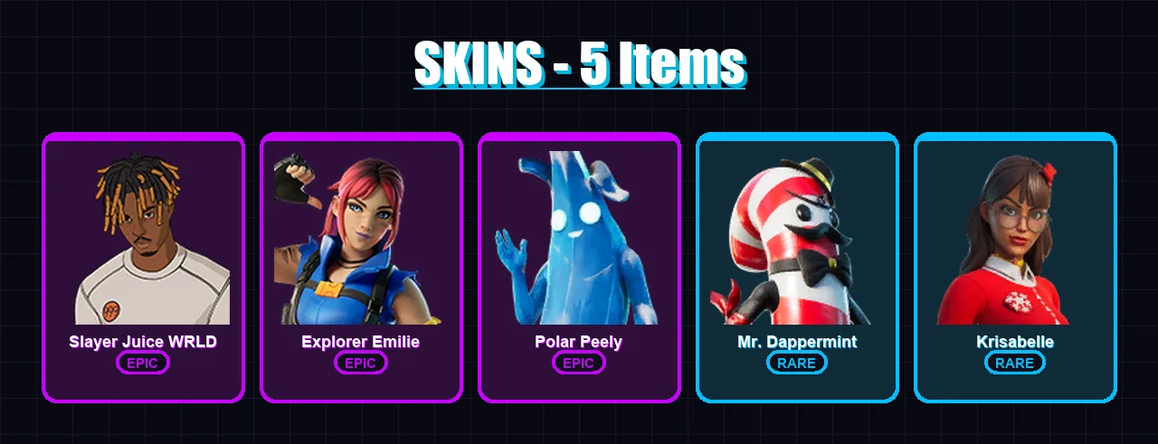 [PS4/PS5/XBOX/PC] | Slayer Juice WRLD | Explorer Emilie | Polar Peely | 5 skin | Lv112