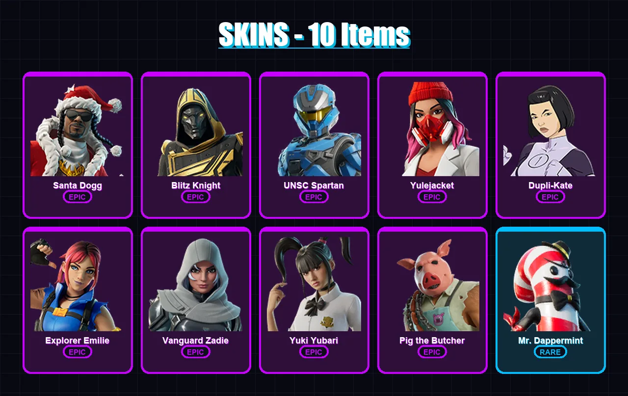 [PS4/PS5/XBOX/PC] | Santa Dogg | Blitz Knight | UNSC Spartan | Yulejacket | Dupli-Kate | 10 skin | 58 pickaxe | 21 emote | 33 glider | Lv535