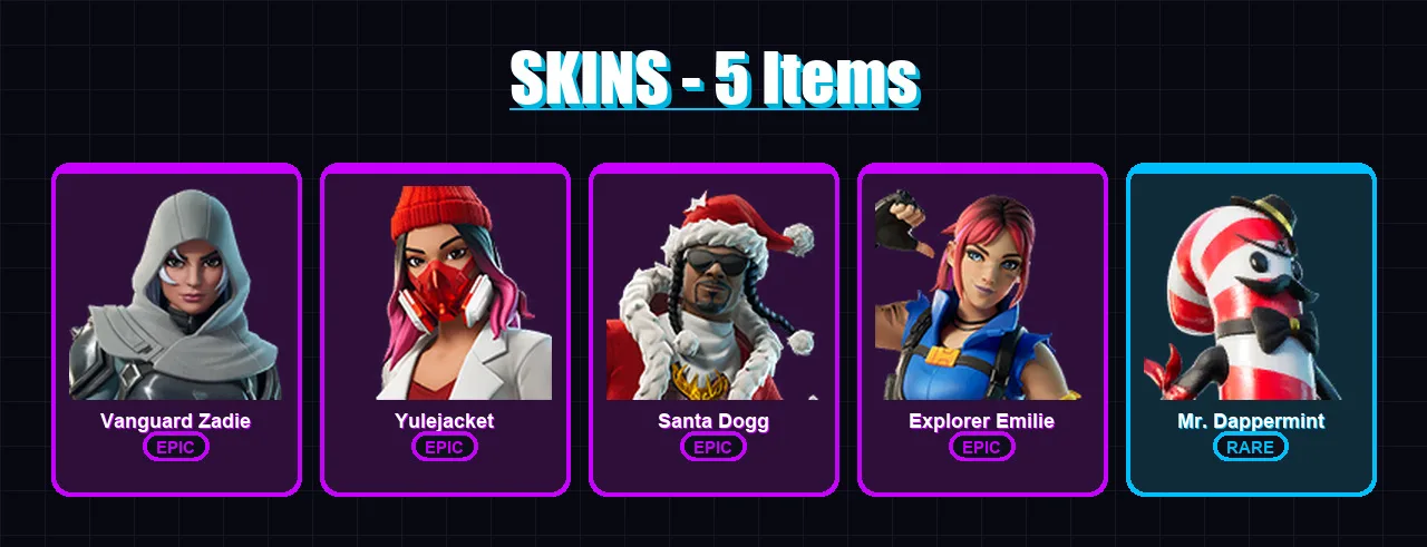 [PC] | Vanguard Zadie | Yulejacket | Santa Dogg | Explorer Emilie | Mr. Dappermint | 5 skin | 28 pickaxe | 8 emote | 14 glider | Lv145