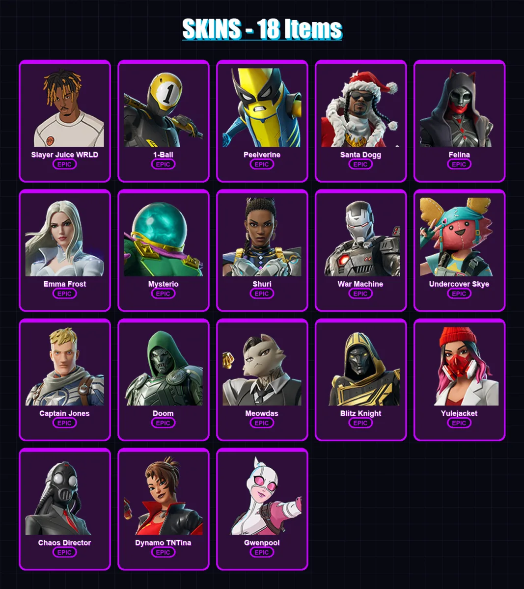 [PC/XBOX] | Slayer Juice WRLD | 1-Ball | Peelverine | Santa Dogg | Felina | 18 skin | 39 pickaxe | 20 emote | 24 glider | Lv308