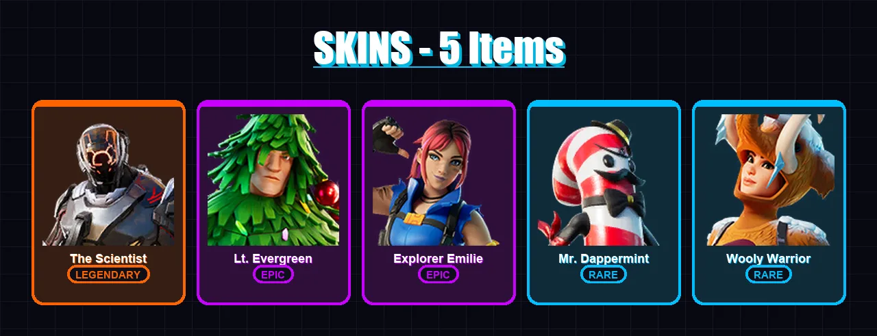 [PC/PSN] | The Scientist | Lt. Evergreen | Explorer Emilie | Mr. Dappermint | Wooly Warrior | 5 skin | 5 pickaxe | 12 emote | 15 glider | Lv150